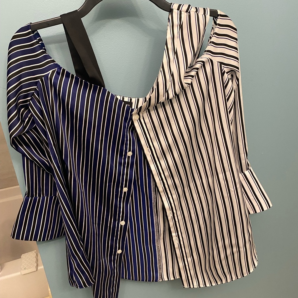 INC International Concepts Navy and White Striped Button Down Shirt